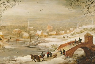A Winter River Landscape with Travellers on a Bridge and a Town in the Distance, Late 1720s by Joos or Josse de Momper